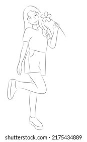 Sketch portrait of a cartoon cute girl who stands on one leg with a camomile in her hand, isolated on white, flat vector