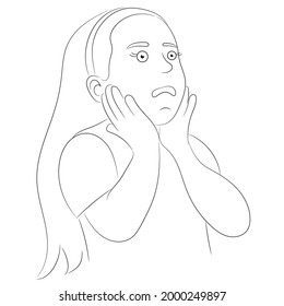 Sketch portrait of a cartoon girl who, in horror, grabbed her face with her hands