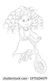 Sketch portrait of curly-haired cartoon girl on a bike ride