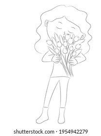 Sketch portrait of a girl with a bouquet of tulips in her hands