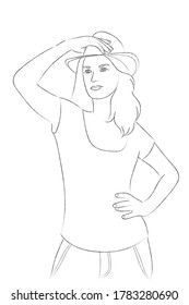 Sketch portrait of a girl in a hat, with one hand she straightens the hat, she put her other hand on her waist