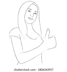 Sketch portrait girl and long hair who holds thumb up