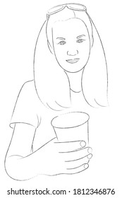 Sketch portrait of a girl with a paper glass of coffee in hand