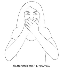 Sketch portrait of a girl who covered her mouth with her hands