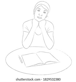 Sketch portrait of a girl who is thinking about something and siting at the table, an open notebook lies on the table