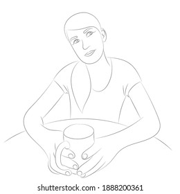 Sketch portrait of a girl who is thinking about something sits at a table with a cup in her hands
