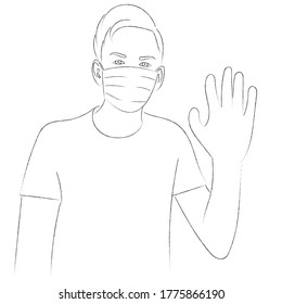 Sketch portrait of a guy in mask who raised his hand in greeting