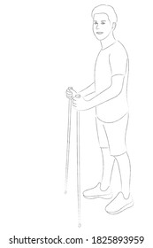 Sketch portrait of a guy in profile with Nordic walking sticks