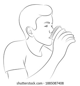Sketch portrait of a guy who drinks coffee from a paper cup
