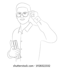 Sketch portrait of a guy who holds books with one hand and straightens his glasses with the other