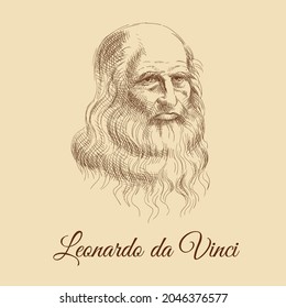 Sketch portrait of Leonardo da Vinci. Self-portrait of the artist in charcoal on paper. Vintage brown and beige card, hand-drawn, vector. Old design. Line graphics.
