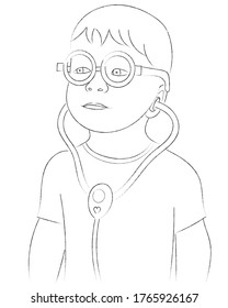 Sketch portrait of a little boy in funny glasses, little doctor