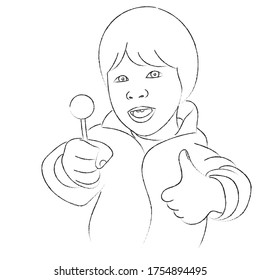 Sketch portrait of a little boy who holds a lollipop on a stick in his hand and thumbs up