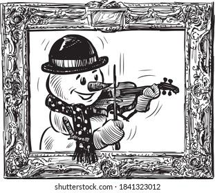 Sketch of portrait snowman violonist in decorative picture frame