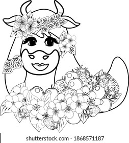 sketch of a portrait of a summer cow with fruits and flowers.  Series 4 cows spring, summer, autumn, winter