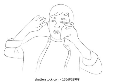 Sketch portrait of a teenage boy who is talking to someone on the phone