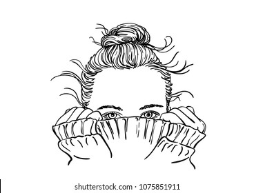 Sketch of portrait of teenage girl with bun hairstyle hiding her face in warm knitted sweater, only her beautiful eyes be seen, Hand drawn vector illustration