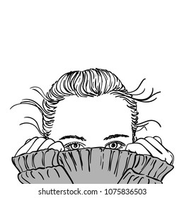 Sketch of portrait of teenage girl hiding her face in grey warm knitted sweater, only her beautiful eyes be seen, Hand drawn monochrome vector illustration