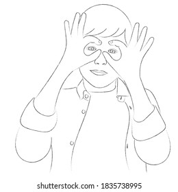 Sketch portrait of a teenager who folded his fingers in the form of glasses on his face