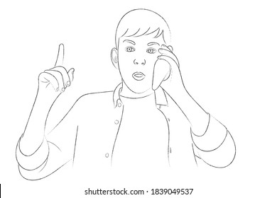 Sketch portrait of a teenager who is talking to someone on the phone while raising his index finger up