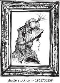 Sketch portrait of young fictional lady 19th century in wooden picture frame