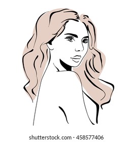 Sketch portrait of young girl with hair. Vector illustration