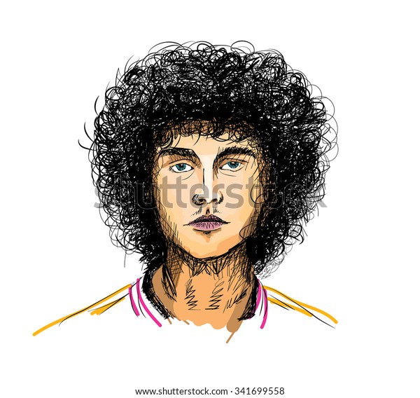 Sketch Portrait Young Man Curly Hair Stock Vektorgrafik