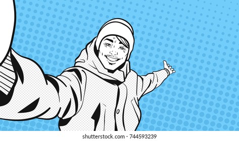 Sketch Portrait Of Young Man In Winter Clothes Take Selfie Photo Pointing hand To Copy Space Over Colorful Retro Style Background Vector Illustration