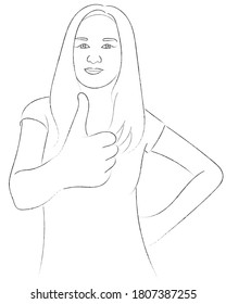 Sketch portrait young woman who holds thumb up