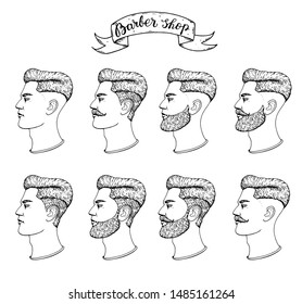 Sketch portraits of hipster man. Barber shop hand drawn vector illustration. Engraving label for barbershop. Hand drawn design elements.