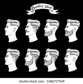 Sketch portraits of hipster man. Barber shop hand drawn vector illustration. Engraving label for barbershop. Hand drawn design elements.
