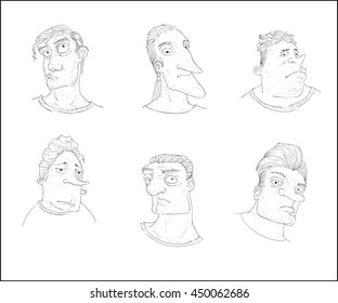 Sketch portraits of serious men. Cartoon guys with black ink.