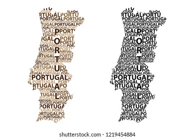 Sketch Portugal letter text map, Portuguese Republic - in the shape of the continent, Map Portugal - brown and black vector illustration