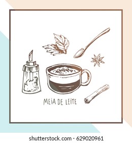 Sketch of Portuguese coffee - Meia-de-leite. Isolated vector vintage. For the design of the menu and posters in the coffee shop. Mug, sugar and cinnamon