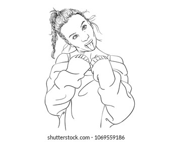 Sketch of positive teenage girl going crazy playing the ape by gesturing cross-eyes and showing her tongue. Hand drawn linear vector illustration