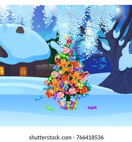 Sketch for poster with cozy rustic small house with glowing window. Template for greeting holiday card. Snowy winter landscape with sparkling snow and Christmas tree decorated sweets, festive mood.