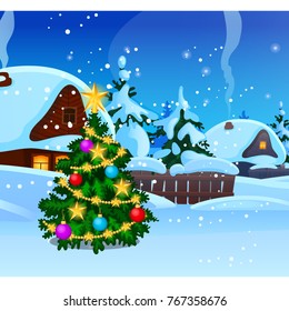 Sketch for poster with cozy rustic small houses with glowing window. Template for greeting holiday card. Snowy winter landscape with snowfall and Christmas tree decorated baubles, festive mood. Vector