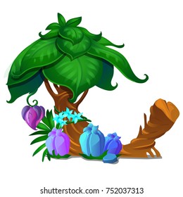 Sketch for the poster with the fantasy nature. Magical plants, trees and flowers isolated on white background. Vector cartoon close-up illustration.