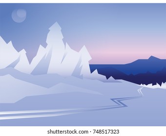 Sketch for poster or greeting card with modern design on theme of winter and Christmas. Scenic backdrop of snow-covered hill slope with pink sky at dawn. Winding trails and clean morning fresh air.