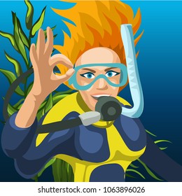 Sketch of a poster of a happy woman diver raising a hand with the ok sign. Vector cartoon close-up illustration.