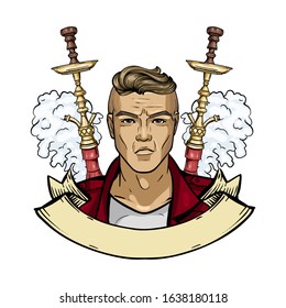 Sketch poster of hipster man with hookah