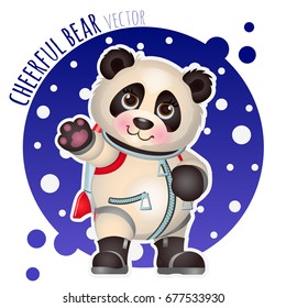 Sketch for a poster or an idea for design sticker, postcard and other entertainment card on the subject of cute cheerful bears. Smiling bear panda in a space suit. Vector cartoon close-up illustration