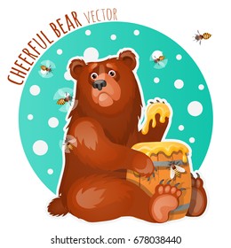 Sketch for a poster or an idea for design sticker, postcard and other entertainment cards on the subject of cute cheerful bears. Bear eats the honey of wild bees. Vector cartoon close-up illustration.