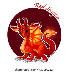 Sketch for poster, idea for design sticker, postcard, other entertainment card with mythical animal dragon. Fire-breathing red dragon symbol of Chinese calendar. Vector cartoon close-up illustration.