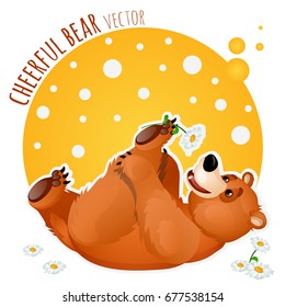 Sketch for a poster or an idea for design stickers, postcards and other entertainment cards on the subject of cute cheerful bears. Smiling bear enjoys the daisies. Vector cartoon close-up illustration