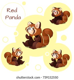 Sketch for a poster or an idea for design stickers, postcards and other entertainment cards on subject of cute cheerful red panda. Funny animal. Vector cartoon close-up illustration.