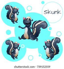 Sketch for a poster or an idea for design stickers, postcards and other entertainment cards on subject of cute cheerful skunk. Funny animal. Vector cartoon close-up illustration.