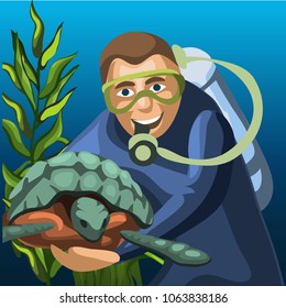 Sketch of a poster of a male diver and a large sea turtle. Vector cartoon close-up illustration.