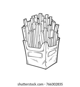 Sketch potato fries, monochrome line art style. Vector hand drawn cartoon illustration isolated on white background. Tasty fast food in sketch style