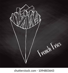 Sketch potato fries in a paper cone. Vector illustration.
